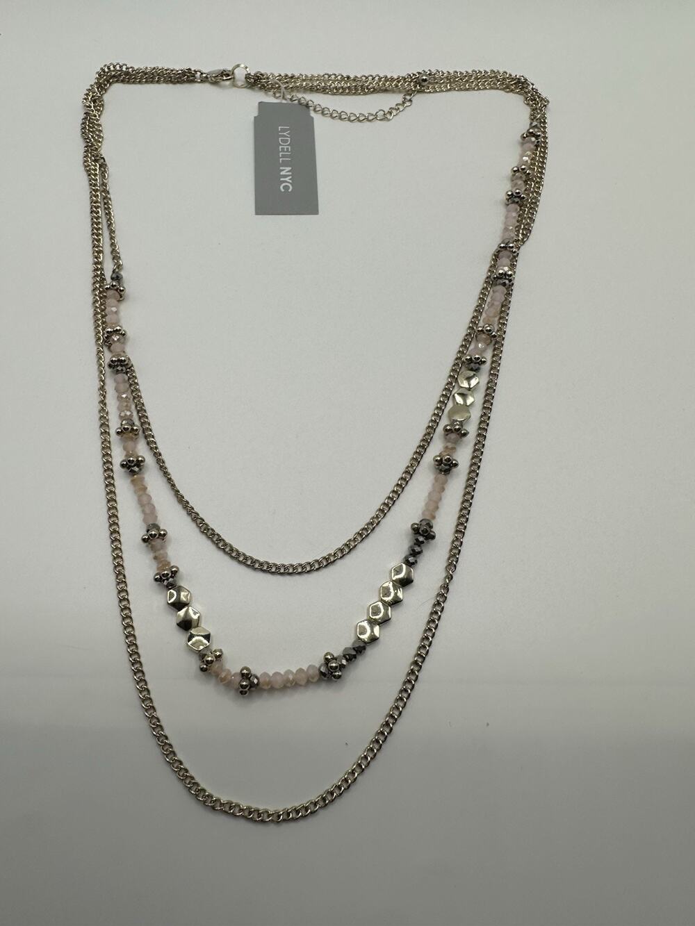 NWT LYDELL NYC Gold Tone Multi Layer Chain Necklace With Pink Acrylic Beads 22”